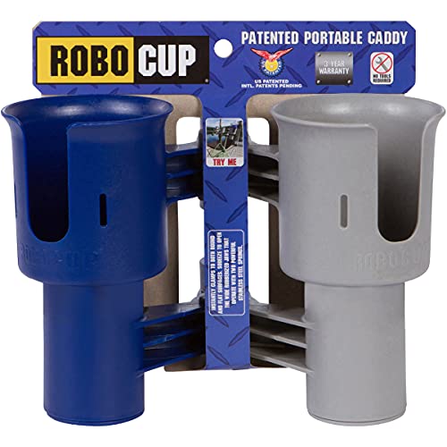 ROBOCUP, (Navy&Gray), Patented Clamp On Boat Cup Holder |Multifunction Dual Drink Caddy for Fishing Poles, Tools, Net, Gaff |Portable Storage for Boating, Beach, Umbrellas, Golf Carts, Strollers - color: Navy & Gray, size: Standard Spring