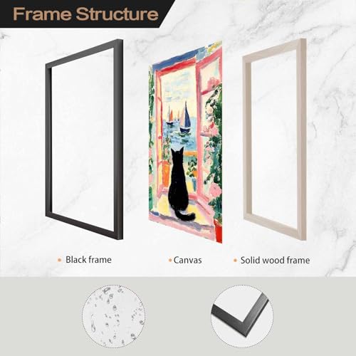 Vintage Colorful Black Cat Wall Art Funny Floral Oil Painting Poster Aesthetic Animal Print Window Landscape Picture for Dorm Bedroom Gallery Living Room or Pet Lover 12x18inch Black frame - color: Colorful - Black PVC frame, size: 12"L x 18"W