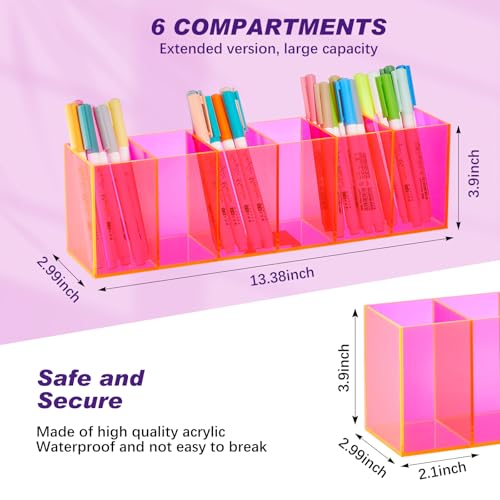 Jetec Acrylic Pen Holder 6 Compartments Makeup Brush Stationery Organizer Pencil Holder for Desk Accessories, Cosmetic Brushes, Dorm, Home, Bathroom, Kitchen, Office Supplies(Neon Pink) - color: Neon Pink