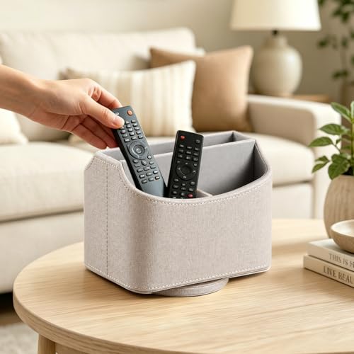 PUSU Leather 360°Rotatable Remote Control Holder,Nightstand TV Remote Caddy,Office Supplies Desktop Organizer,Spinning Storage Box for Pen,Mail,Phone,DVD, Blu-Ray, Media Player, Heater Controllers - color: A Elegant Beige