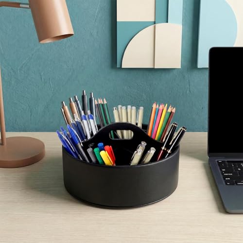 360° Rotating Leather Desk Storage Organizer with 6 Slots and Handle Extra-large Pen Holder Spinning Pencil Storage Lazy Susan Organizer Office Desk Supplies Marker, Art Supply(Black) - color: Black