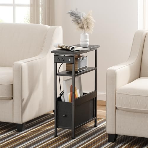 Creso hom Narrow Side Table with Charging Station and LED Light, Small End Table with 1 Fabric Drawer, Skinny Nightstand with USB Ports & Type-C, Slim Side Table for Bedroom, Living Room, Black - color: Black, size: 7"D x 18.7"W x 24.8"H