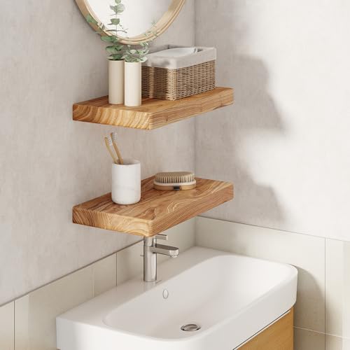 Fun Memories Rustic Solid Elm Wood Floating Shelves, 16" W x 8" D Floating Shelf Wall Mounted, 8 Inch Deep Wall Shelves, Wooden Bathroom Shelf for Home, Deep Bookshelf for Living Room, Set of 2 - color: Usa-sourced Elm Wood, size: 16"W x 8"D