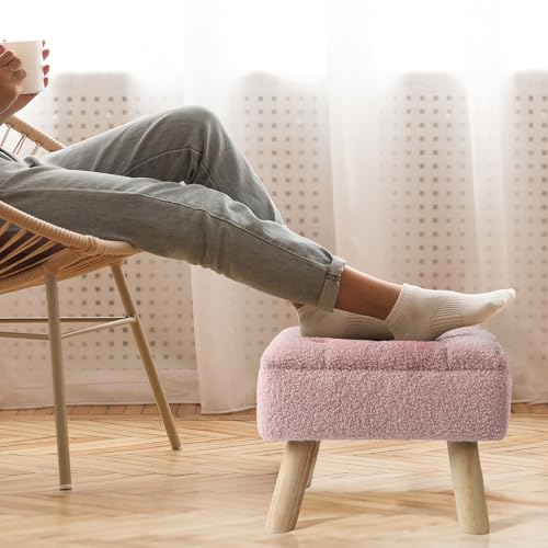 OGEMXU Storage Ottoman, Small Foot Stool Ottoman with Storage, Boucle Teddy Velvet Foot Rest with Padded Seat, Sturdy Wood Legs Stool for Living Room, Bedroom, Couch, Enterway (Pink) - color: Pink