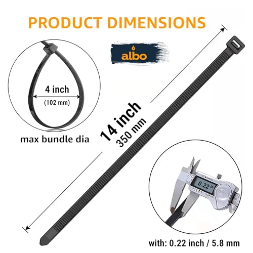 ALBO Black Zip Ties 14 Inch Plastic Cable Ties 1000 Pack Tie Wraps Heavy Duty 75lb UV Resistant Nylon Wire Ties - size: 14" Black 1000 Pack 75lb
