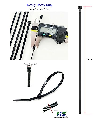 HS Strong Medium Zip Ties 8 Inch x 3/16" UV Rated Black 100 PCS Cable Zipties 50 Pounds Heavy Duty Self-Locking Strap Ties Automotive,Outdoor Fence Purpose - color: Black 8"100