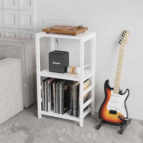 YAKANJ End Table with LED Light,Record Player Stand with Albums Storage,Vinyl Records Storage,Turntable Stand Side Table for Music Room Studio Living Room Bedroom-Rustic White - color: Rustic White