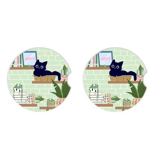 Ceramic Cup Holders Car Coasters Set for Women/Men,Drink Cup Car Holder Coasters with A Finger Notch 2.56" Pack of 2(Cute Black Cat 2) - color: Black Cat 2