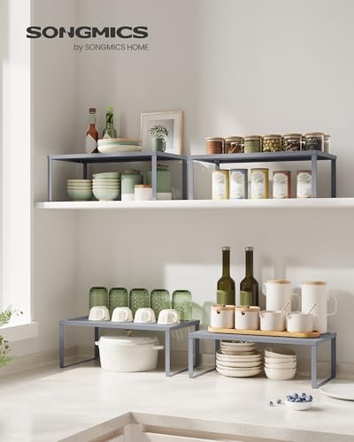 SONGMICS Spice Racks, Set of 2 Metal Cabinet Shelf Organizers, Countertop Organizers, Shelf Risers, Stackable, Expandable, Silver UKCS401G01 - color: Silver, size: 9"D x 15.7"W x 6.1"H + 8.6"D x 15.7"W x 5.4"H