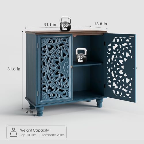Accent Cabinet with Carved Doors,Blue Buffet Cabinet with Storage | Handcrafted Distressed Carvings,Solid Wood Legs,Accent Cabinet for living room & bedroom & entryway,Adjustable Shelves - color: Blue & Walnut_2 Doors