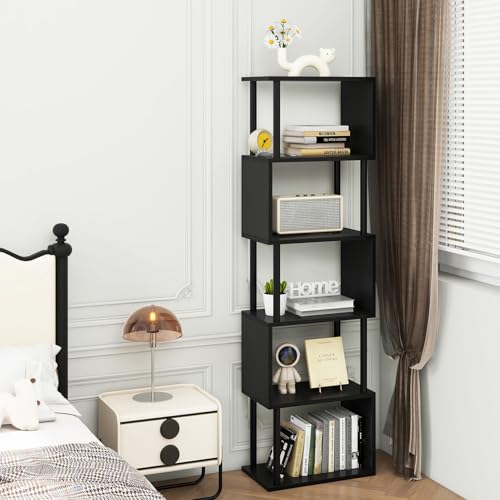 IBUYKE 6-Tier Tall Bookshelf,S-Shaped Geometric Bookcase, Wood Display Shelves with Storage,Modern Bookshelf for Living Room Bedroom, Home Office, Black WBC016B - color: Black, size: 6 Tier