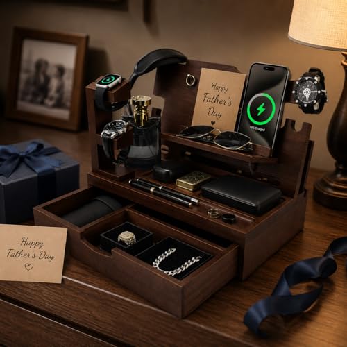 Nightstand Organizer for Men with Large Drawer, Wood Phone Docking Station for Phone, Apple Watch, Wallet & Keys, Ideal Birthday Gift for Father Husband, Bedside Desk Organizer (Espresso) - color: Espresso