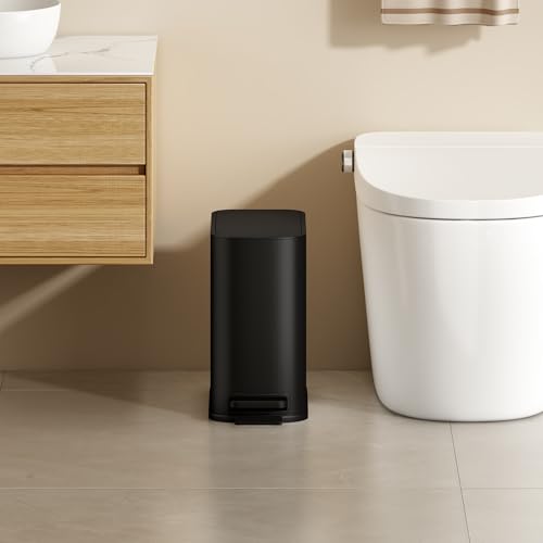 TIPGO Small Bathroom Trash Can with Lid Soft Close, Step Pedal, 1.3 Gallon / 5 Liter Stainless Steel Slim Garbage Can for Office, Diaper Waste Basket with Removable Inner Bucket (Matte Black) - color: Black