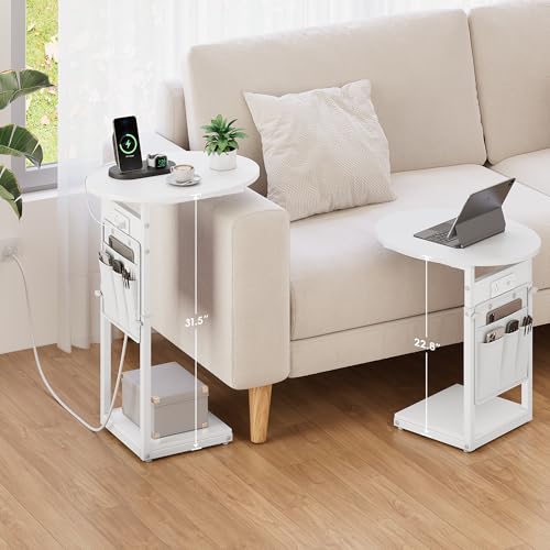 Vagusicc C Shaped End Table with Charging Station, 32" Tall Side Table for Couch and Recliner, Adjustable Height Small Couch Side Table Slide Under Sofa TV Tray Table for Living Room, Bedroom, White - color: White, style: Charging Station