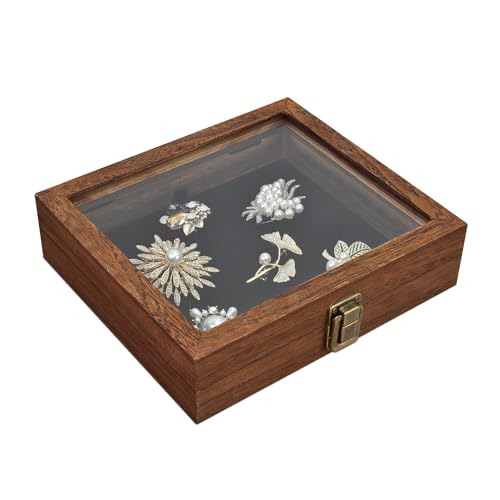 MOOCA Tempered-Glass Top 2 pieces Set Small Wooden Jewelry Display Case with Removable Black Luxurious Velvet Jewelry Display Pad, Deeper 2.2" Design for Collectibles, Brown Color. - color: Brown With Velvet Pad, 2 pieces