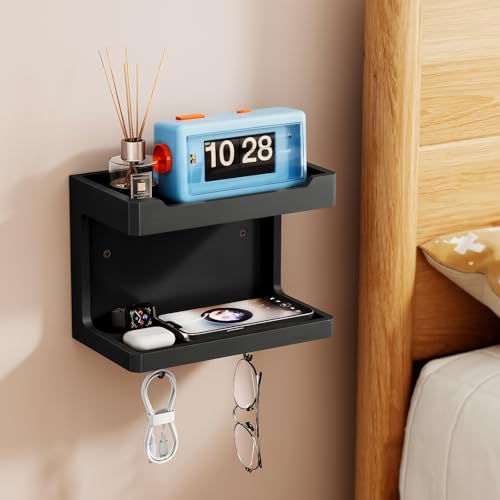 NiHome Large Wall Mounted Wooden Bedside Organizer, Double Storage Shelves & Magnetic Hooks, Solid Wood Bedside Shelf for Phone Glasses Remote Keys, Space-Saving Wall Rack for Bedroom RV Dorm (Black) - color: Black, size: Large