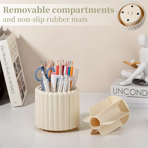 Anyoifax 360° Rotating Pen Holder 7 Slots Desk Organizer Removable Pencil Cup Plastic Art Supplies and Accessories Desktop Storage Box Caddy for Office, School, Home (Beige) - color: Beige, size: Small