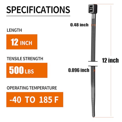 12 Inch Zip Ties Heavy Duty 100 Pack Black Large Cable Ties, 500 LBS Tensile Strength, Self-Locking UV Resistant for Indoor and Outdoor - size: 12-100PCS