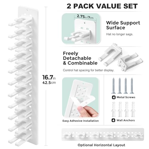 2 Pack Hat Organizer for Baseball Caps,Detachable DIY Hat Rack for Wall Hold Up to 22 Hats,Baseball Cap Organizer Cap Holder Hat Hangers for Wall Closet Door Bedroom(1A-White) - color: 1A-White