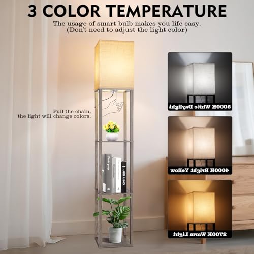 RUNTOP Floor Lamp with Shelves, Shelf Lamp with 3 Color Temperature LED Bulb,Lamps for Living Room, Standing Lamp Modern Tall Standing Light Display Shelf Floor Lamps for Bedroom, Office Home Decor - color: Oak Grey