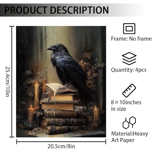 CRAFTYMELODY Book Dragon Bird Wall Art Prints Set of 4 Dark Style Fantasy Magic Poster Wall Decor Book Lover Artworks for Living Room Bedroom Classroom Office Decoration 8x10 Inch Unframed - color: Dark Dragon