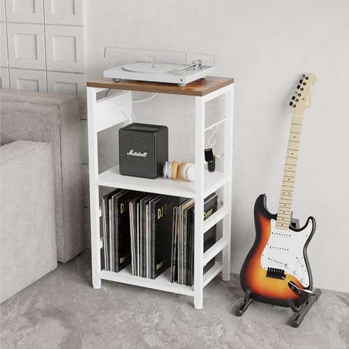 YAKANJ End Table with LED Light,Record Player Stand with Charging Station,Vinyl Records Storage,Turntable Stand Albums Storage for Music Room Studio-Industry White - color: Industry White
