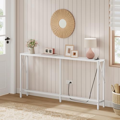 Gewudraw Console Table with Oulets and USB Ports, 55.1" Sofa Table Behind Couch, Industrial Long Skinny Stand for Hallway, Living Room, Bedroom, 6.5 Feet Power Cord, White - color: White, size: 55.1W