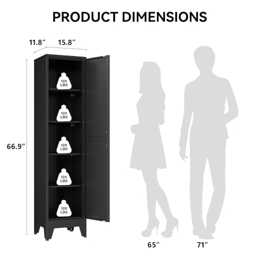 COFaR 67" Metal Pantry Cabinet, Black Storage Cabinet with Magnetic Door & 4 Adjustable Shelves, Slim Freestanding Cupboard for Office, Kitchen, Bathroom - color: Black, size: 67"H 5 Tiers & Narrow