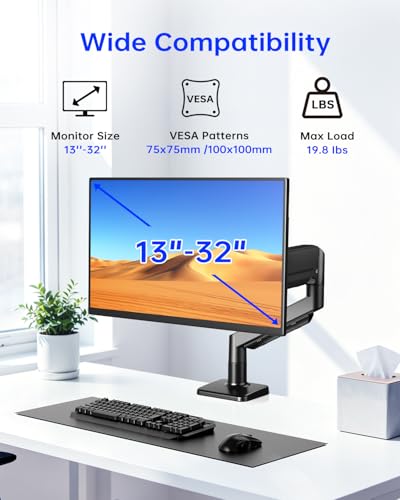 Single Monitor Stand for 13 to 32 inch Screens, Gas Spring Monitor Arm with Swivel, Tilt, Rotation, Height Adjustable, Desk Mount with C-Clamp and Grommet Base, Holds 4.4 to 19.8lbs Screen, Black - size: Non-RGB Single Arm Black