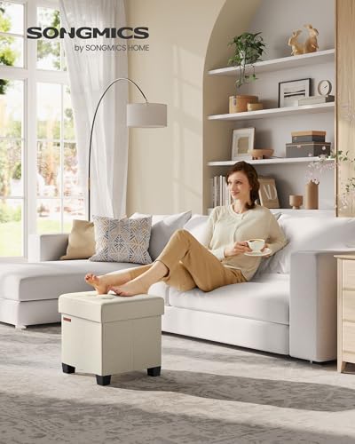 SONGMICS Storage Ottoman, Small Ottoman Foot Rest with Legs, 15 x 15 x 15.7 Inches Foot Stool, Load up to 660 lb, for Living Room, Bedroom, Dorm, Cream White ULSF014W01 - color: Cream White, size: 15"D x 15"W x 15.7"H