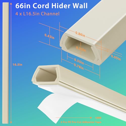 66in YCLYC Wire Covers for Cords Kit, Beige Wall Cord Hider Hide Cords, Cord Covers for Wires on Wall, TV Cable Hider Wall Kit, Easy to Install Cord Cover, Cable Management Wall 4XL16.5 W0.86 H0.43in - color: Beige, size: Small-66in