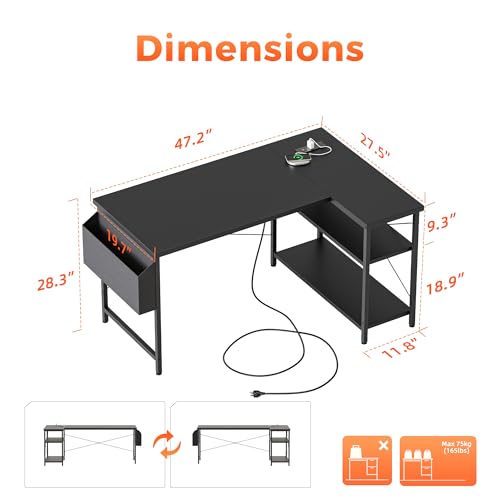 Mericonia Small L Shaped Computer Desk with Power Outlets, Reversible Gaming Desk with Storage Shelves, Corner Gamer Desk Table, Study Writing Table - color: Black, size: 47 inch