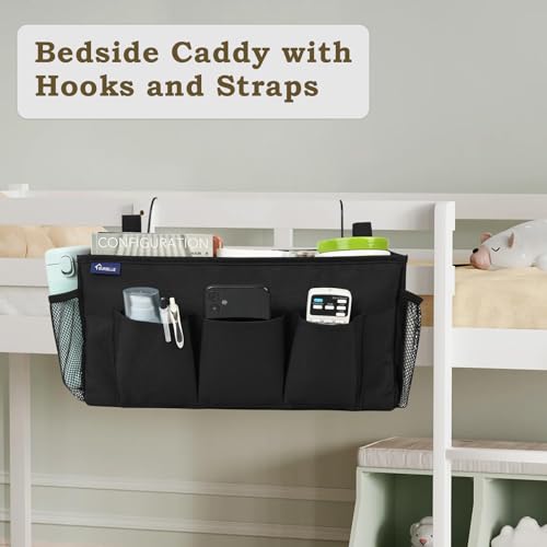 Surblue Bedside Organizer with Hook Bedside Caddy Hanging Storage Bag with Adjustable Straps and Water Bottle Holder for Home College Dorm Bunk Bed Accessories, Crib Bed Rails, Hospital Bed, Black - color: Black