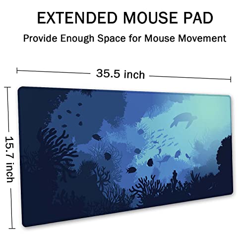 SSOIU Blue Ocean Big Turtle Desk Mat, Under The Sea Peaceful Extra Large Mouse Pad, Extended Gaming Mat 35.5" X 15.7", Large Non-Slip Rubber Base with Stitched Edges - color: Blue Ocean Big Turtle