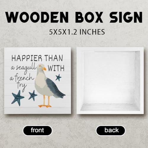 Happy Summer Sign Decor Summer Decorations for Home Funny Seagull Wooden Box Sign Desk Accessories Home Office Beach House Bedroom Bathroom Decor 5 X 5 Inch - color: Happier