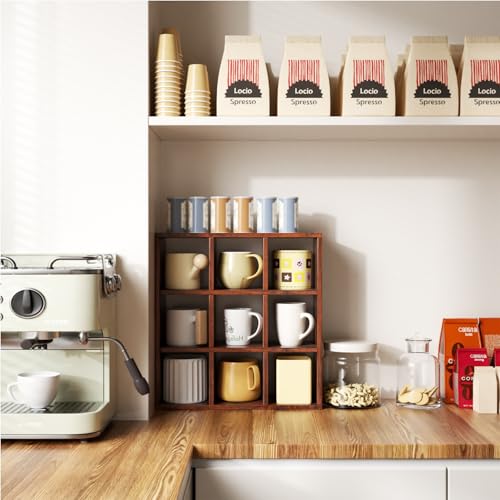 Helsin 9 Grid Vintage Coffee Mug Display Rack, 16inch Wall Mounted Wooden Curio Shadow Box Shelf, Cup Floating Shelves Display and Organizer (Bronze) - color: Bronze