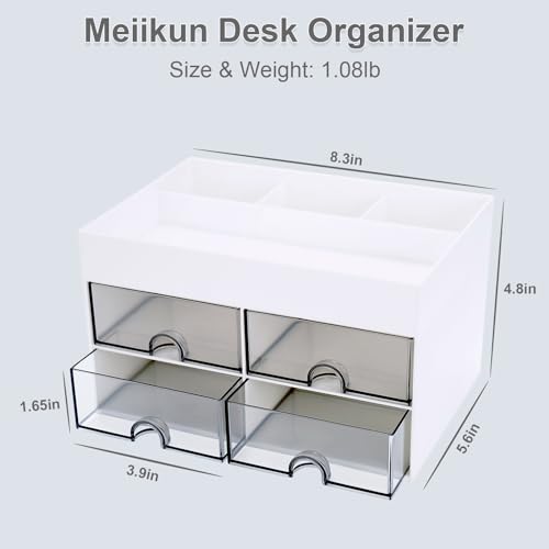 Meiikun Desk Organizer, Office Organizer with Drawer, Desk Accessories & Workspace Organizers, Pen Holder Office Supplies for Desk (4 Drawers+4 Compartments, White) - color: 4 Compartments + 4 Drawer (White)