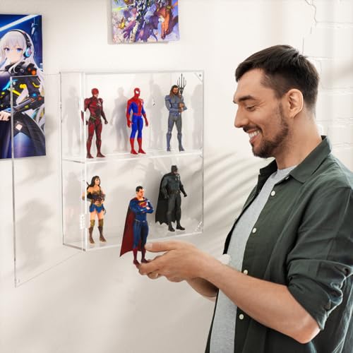 AITEE Acrylic Display Case, Clear Display Case for Funko Pop Figures, 2 Layer Wall Mounted or Desktop Dustproof Display Cabinet Shelf for Collectibles,Mini Toys,Rock, Amiibo - size: 2-Layer