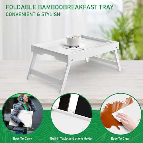 Artmeer Bed Tray Table with Folding Legs, Bamboo Breakfast Food Tray with Media Slot, Use As Platter, Laptop Desk, Snack, TV Tray Kitchen Serving Tray (White Large) - color: White, size: Large