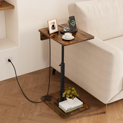 C Shaped End Table with Charging Station, Adjustable Height C Table End Table, 360°Swivel TV Tray Table for Small Spaces, Rounded Corners Couch Table, Side Tables Living Room for Sofa,Chair,Snack,Bed - color: Rustic Brown