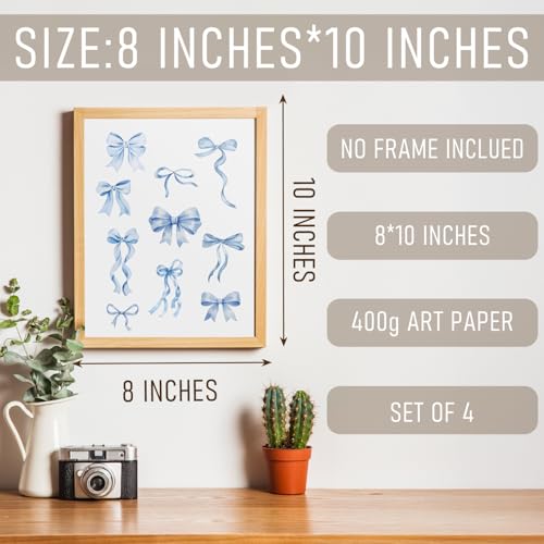 BRRNYOI Coquette Blue Bow Cherry Floral Wall Art Prints Set of 4, Blue and White Plaid Preppy Girly Posters Wall Decor for Girls Bedroom Dorm Apartment Home, 8x10 Unframed