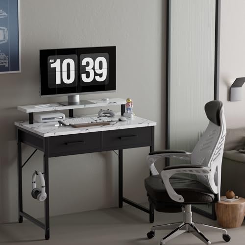 Pamray 32 Inch Small Computer Desk with Monitor Stand Home Office Desks with 2 Drawers for Bedroom Study Writing and Work Table for Small Spaces Marble - color: Marble