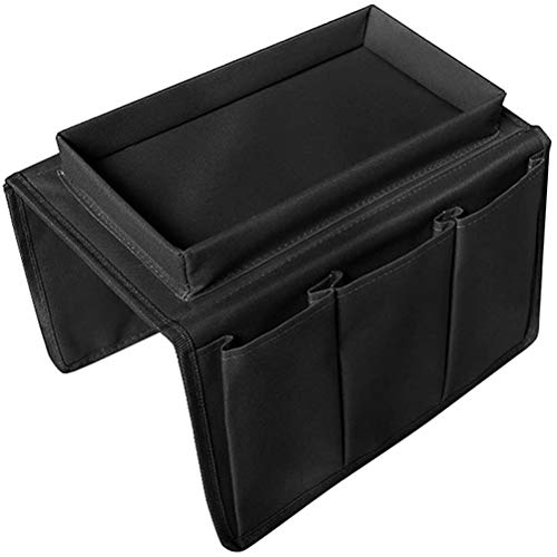 Sofa Armrest Organizer, Couch TV Remote Storage Organizer with Pockets for Recliner Armchair Snacks Glasses Smartphone Magazines Pouch (Black)