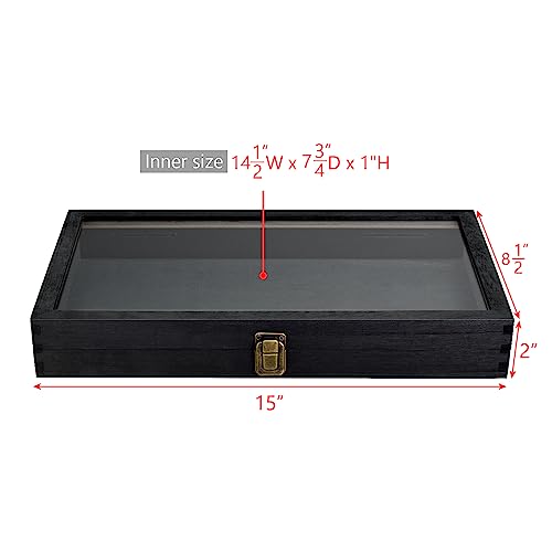 MOOCA 2 Pcs Wood Tempered Glass Top Jewelry Display Case Accessories Storage Box with Metal Clasp, Wooden Jewelry Tray for Collectibles, Pocket Knife Display Case, Black Color - color: Black, size: 2-Piece Set, 2 inch high