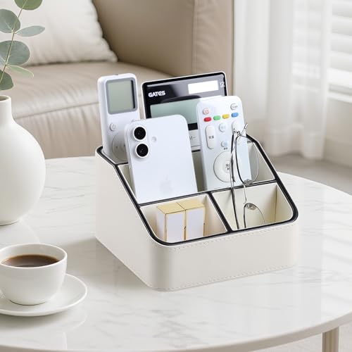 Remote Control Holder, PU Leather Small Desk Organizer with 4 Compartments, Nightstand Organizer Office Desk Accessories Desk Caddy for Countertop Bedside End Table (Cream) - color: Cream
