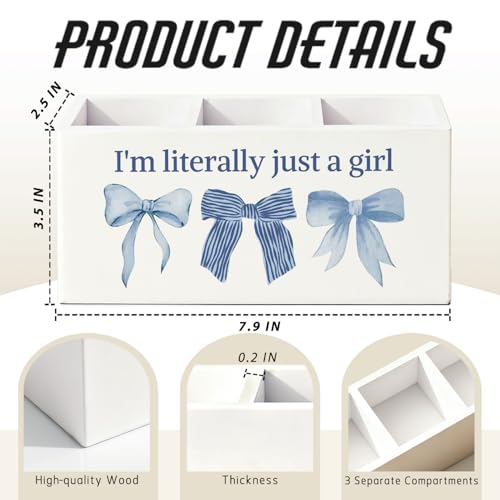 Coquette Blue Bow Pen Pencil Holder for Desk, Preppy Desk Decor, I'm Literally Just a Girl Preppy Aesthetic Wooden Box Sign Decorations for Girls Bedroom Room Dorm Tabletop - color: 02-I'm Literally Just a Girl(white-Blue)