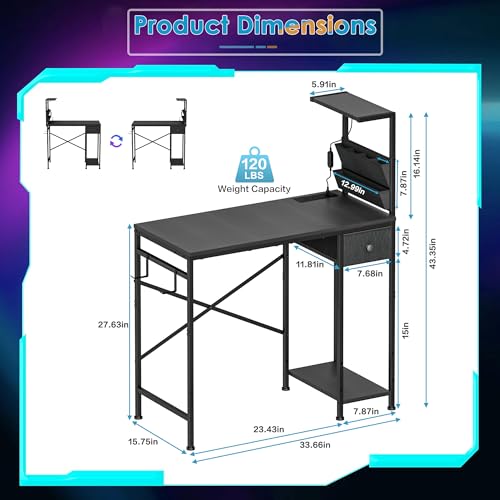 33.7 Inch Small Gaming Desk Table with LED Lights & Power Outlets, Compact L Shaped Gaming Computer Desk with CPU Stand, Drawer & Storage, Corner PC Desk for Kids, Home Office , Bedroom, Black - color: Black
