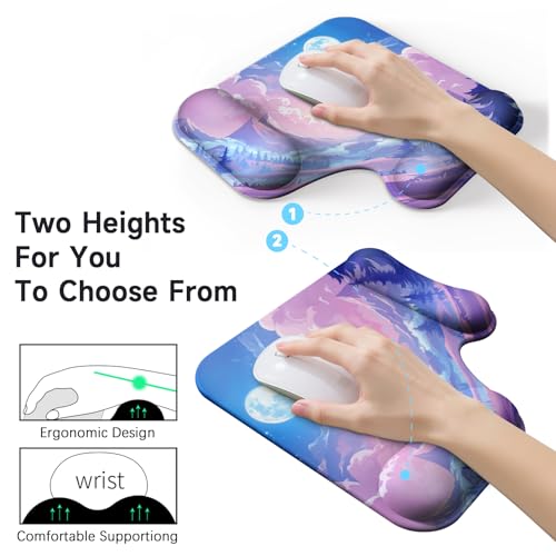Ergonomic Mouse Pad with Gel Wrist Rest (1"& 1.2" Dual Height) - Mouse Pads Compact Mousepad Desk Mat Office, Gaming & Carpal Tunnel Relief | Non-Slip Rubber Base| Cloud Moon - color: Cloud Moon