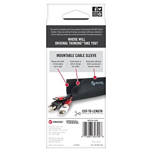 VELCRO Brand Mountable Cable Sleeve,3Ft Customizable Cable Raceway with Removable Adhesive,Cut to Length for Custom Size Wire Management,Cord Hider Mounts on Wall,Desk,Black,VEL-30799-USA(Pack of 12) - size: 36in - Cut to Length (Pack of 12)