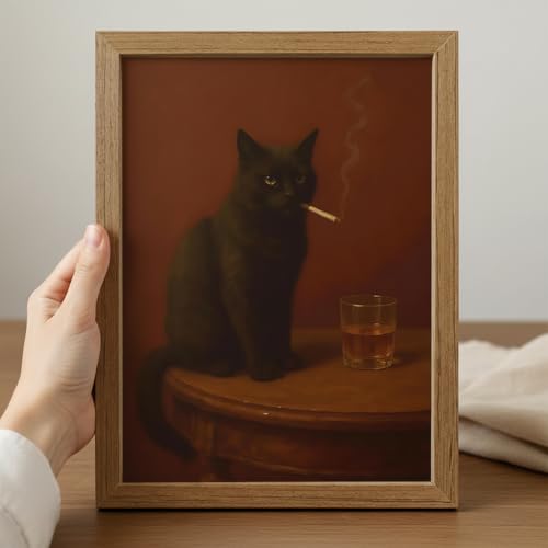 Framed Funny Black Cat Wall Art, Vintage Dark Aesthetic Cat Wall Decor, Humorous Cool Animal Canvas Art Prints for Living Room Bedroom Bathroom Bar 12x16 Inch - color: xiyanmao, size: 16"L x 12"W